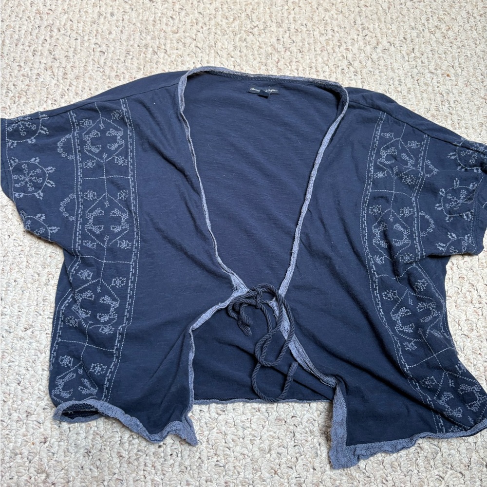 American Eagle Outfitters Navy Blue Embroidered Blouse